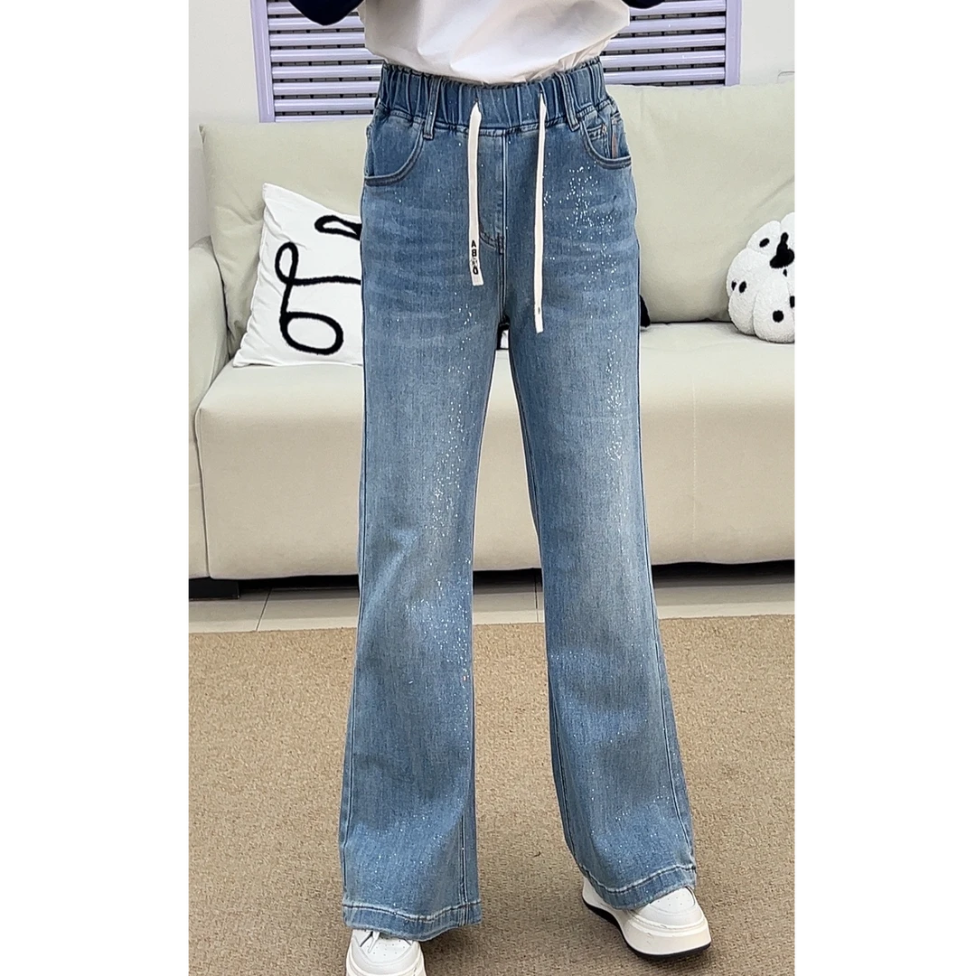 {莱正雅}39682春季大码女装简约百搭水钻微喇裤