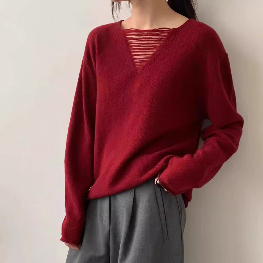 PQ【0822】V领镂空设计感毛衣