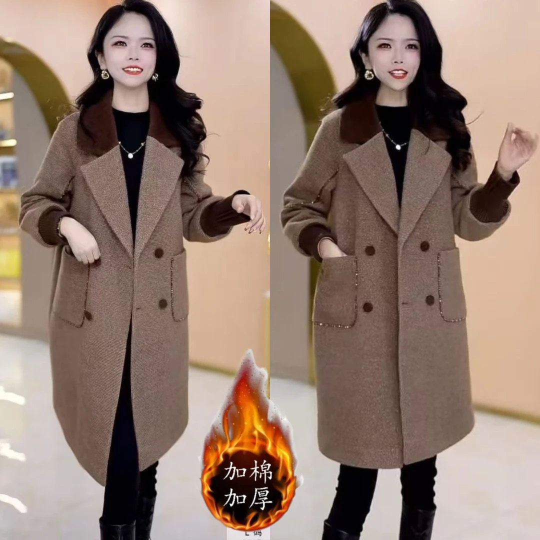 高档水晶绒毛呢大衣女冬季新款气质减龄棉服外套休闲加棉加厚风衣