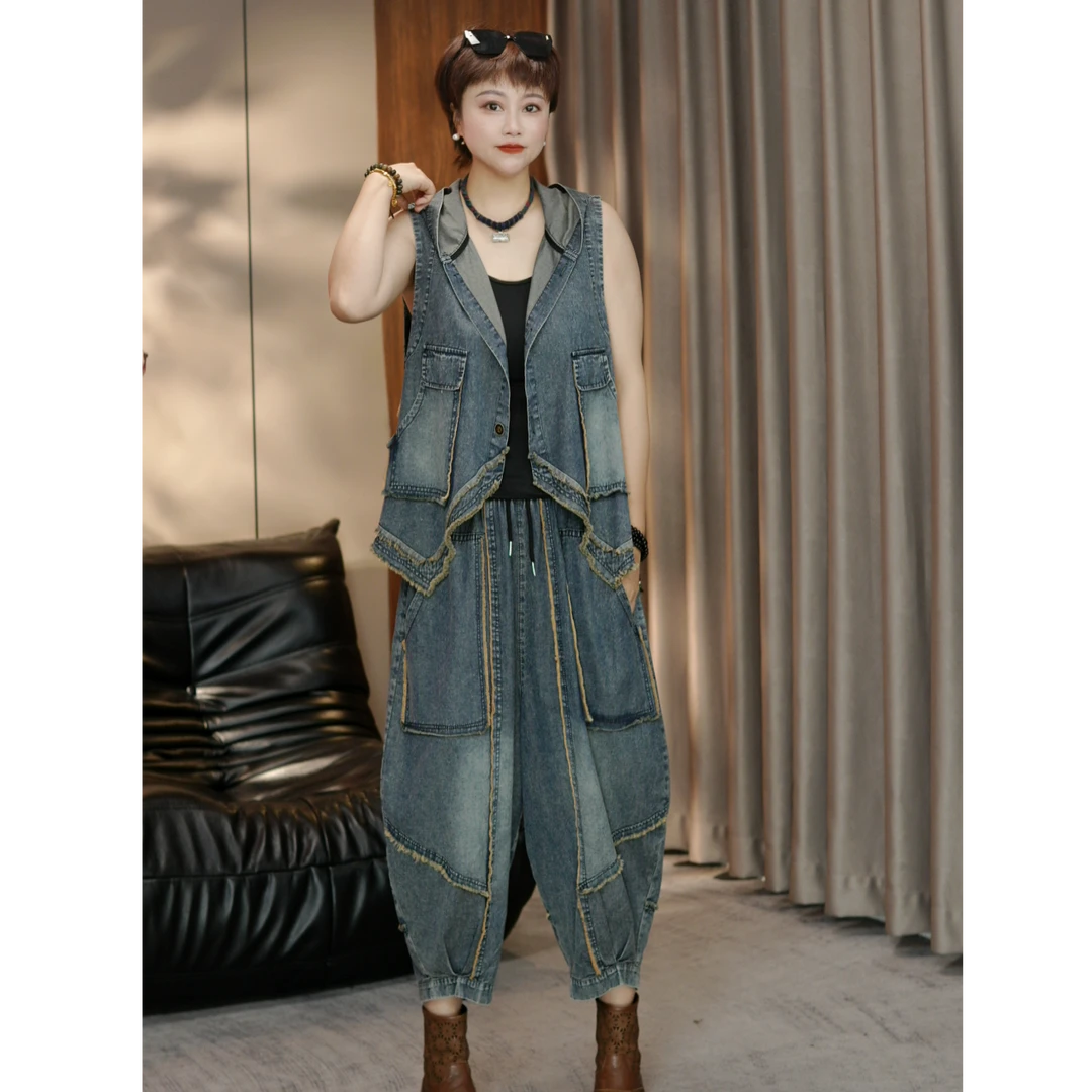 夏季新款原创设计大口袋毛边套装时尚拼接