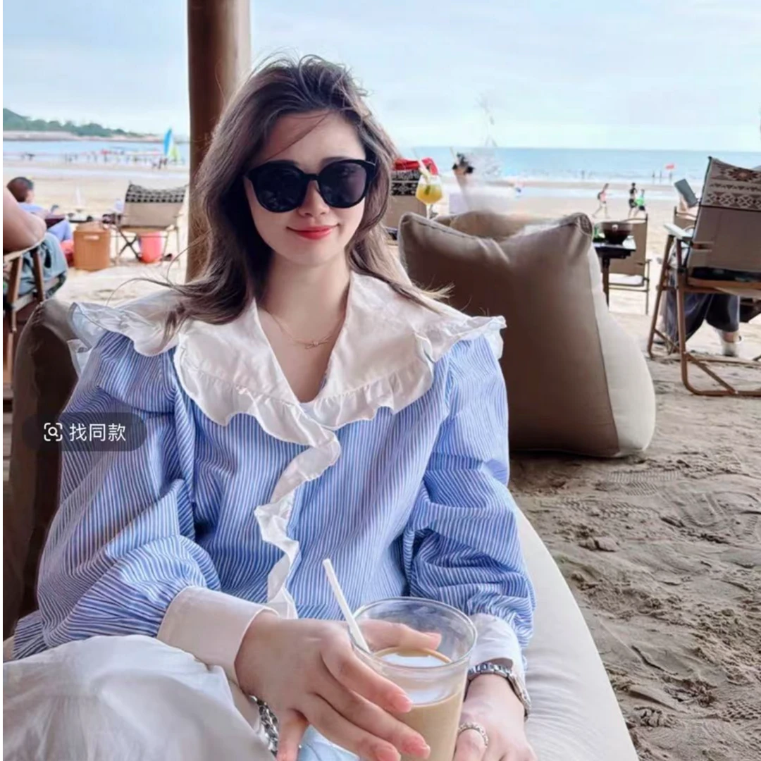 大菲菲家大码条纹娃娃领衬衫春季风宽松洋气气质上衣3398