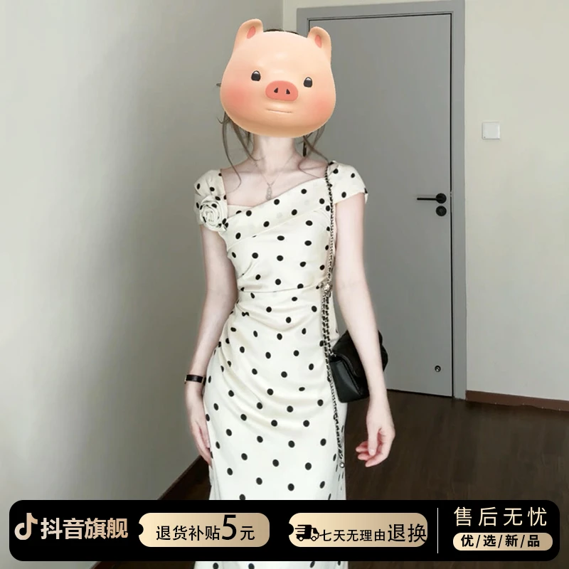 夏季2025新款法式立体花朵波点连衣裙子气质小个子收腰包臀长裙女