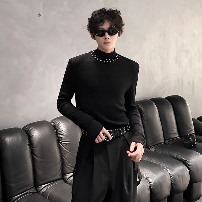 秋冬美式垫肩T恤半高领针织衫男长袖小众钉珠内搭毛衣痞帅打底衫