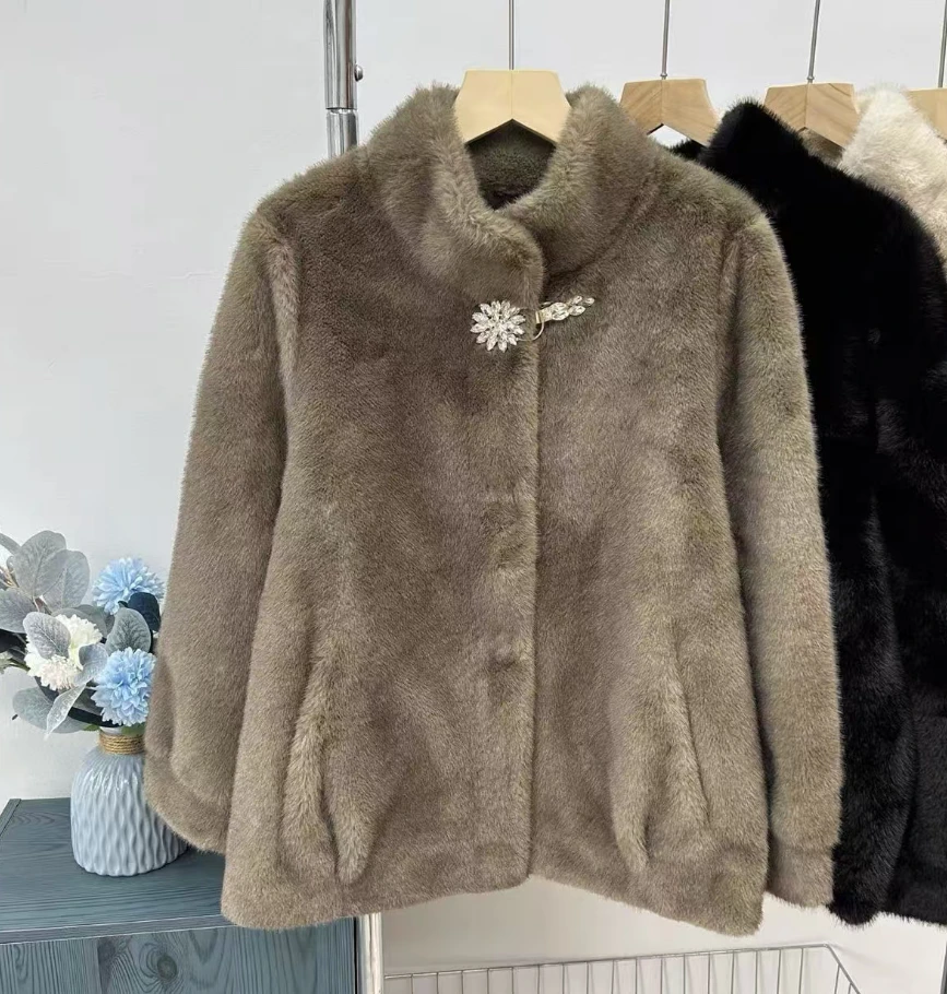 C2014#毛毛短外套立领女款女女士简约休闲冬季