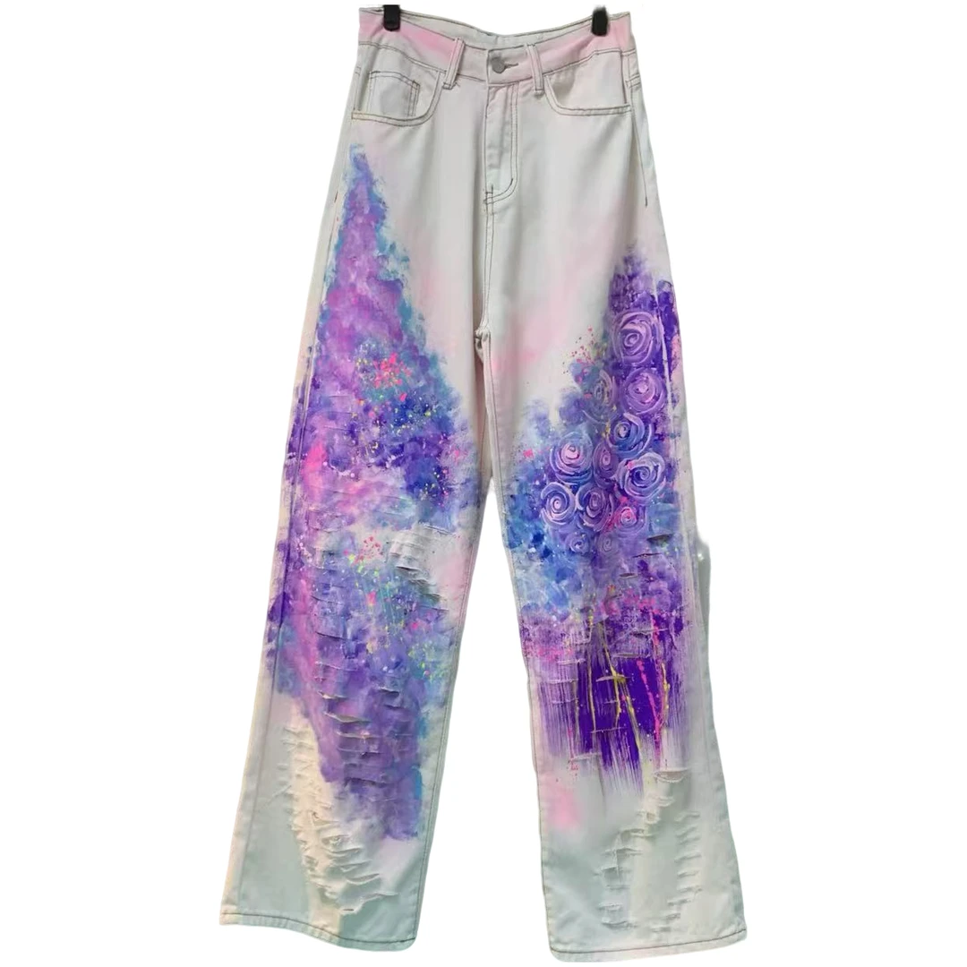 RV紫蔷薇破洞裤-2025原创原废土风做旧潮牌男女装个性时尚显瘦