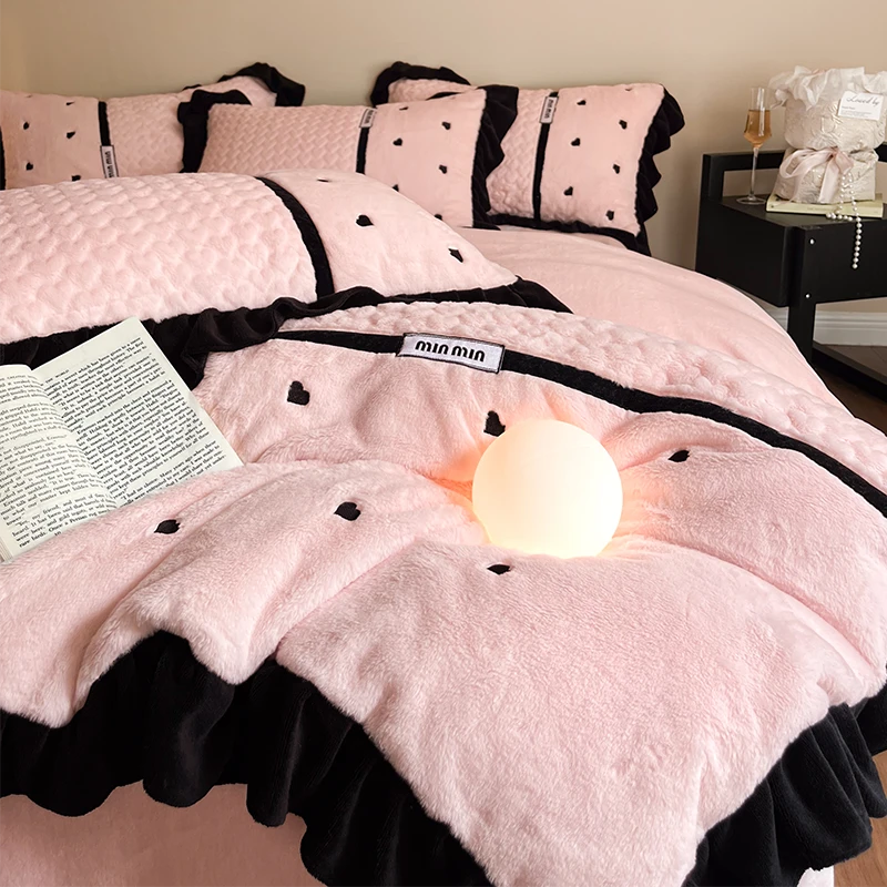 LUYEWEGER公主风牛奶绒床上四件套冬季加厚珊瑚绒被套床单双面加
