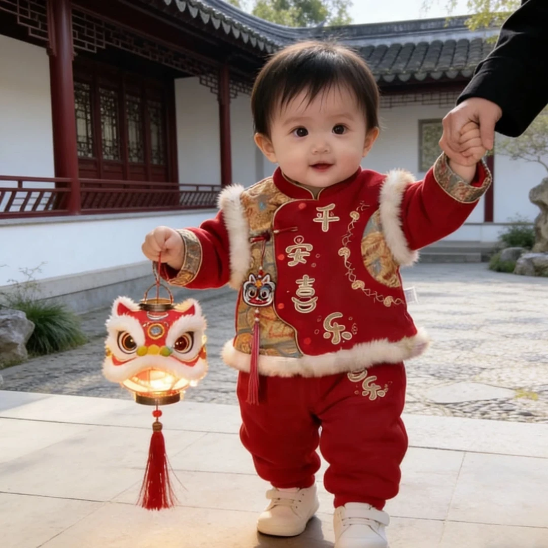 儿童拜年服中国风冬季套装宝宝夹棉加绒唐装周岁礼服过年加厚童装