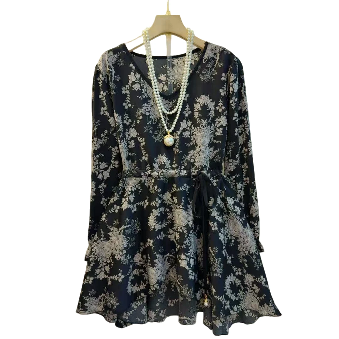 时尚百搭欧美碎花收腰气质洋气连衣裙（长82左右）