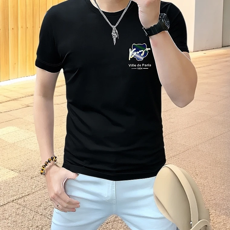 欧洲站时尚男士丝光棉圆领短袖 夏季新款重工字母帅气潮牌修身t恤