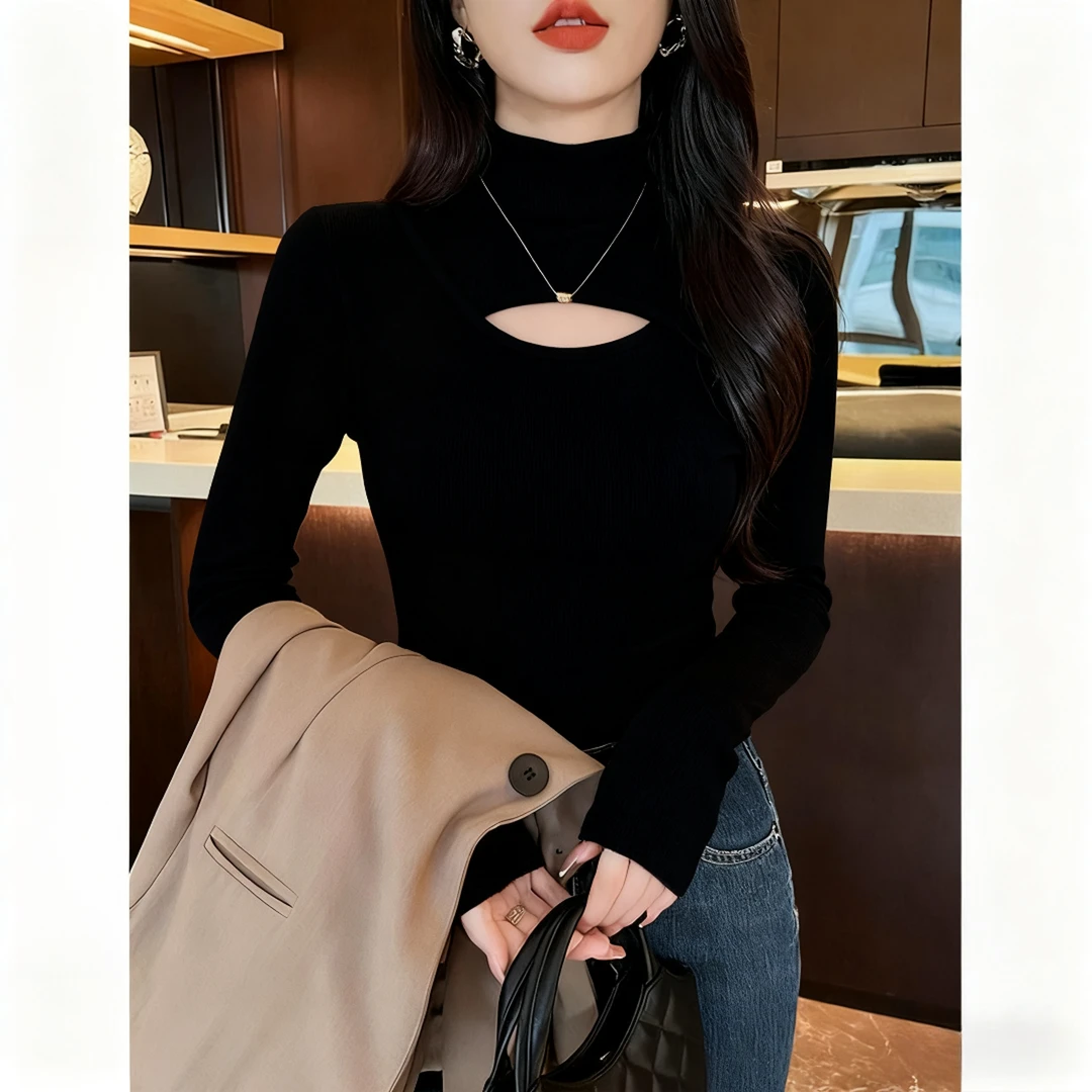 设计感镂空长袖打底衫女内搭秋冬半高领新款修身螺纹时尚洋气女装