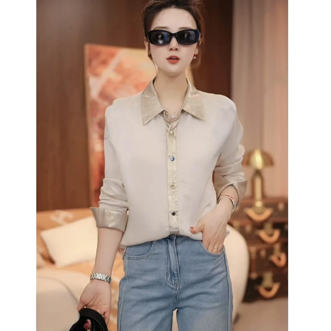 玲姐定制-POLO领立领按扣开衫女士衬衫长袖上衣189129