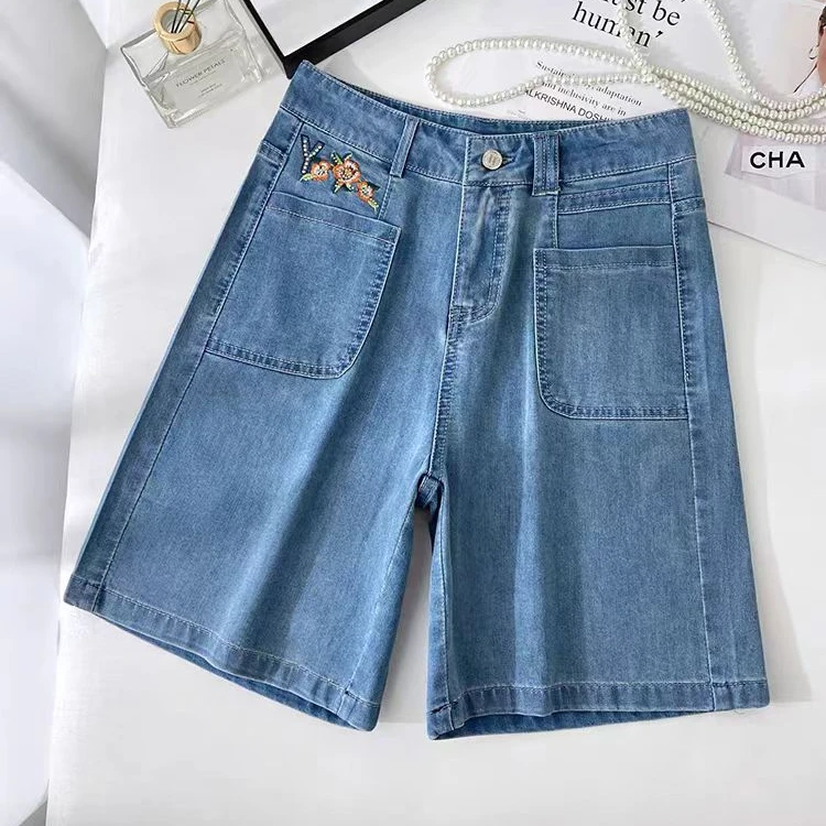 7803【裤长45】绣花牛仔短裤女2025夏季新款薄款直筒五分休闲裤