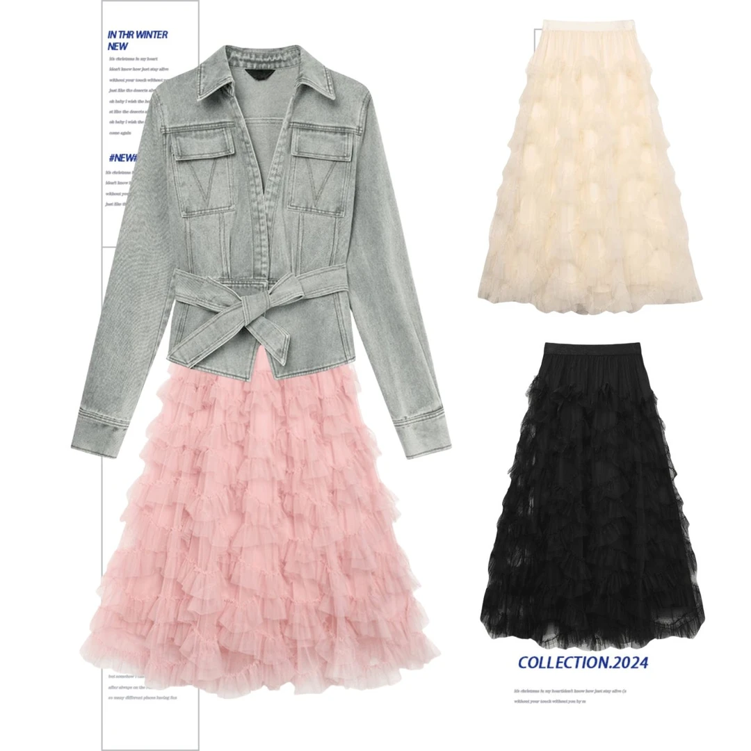 2025早春蛋糕裙美式港风洗水牛仔短外套女可卸腰系带开衫