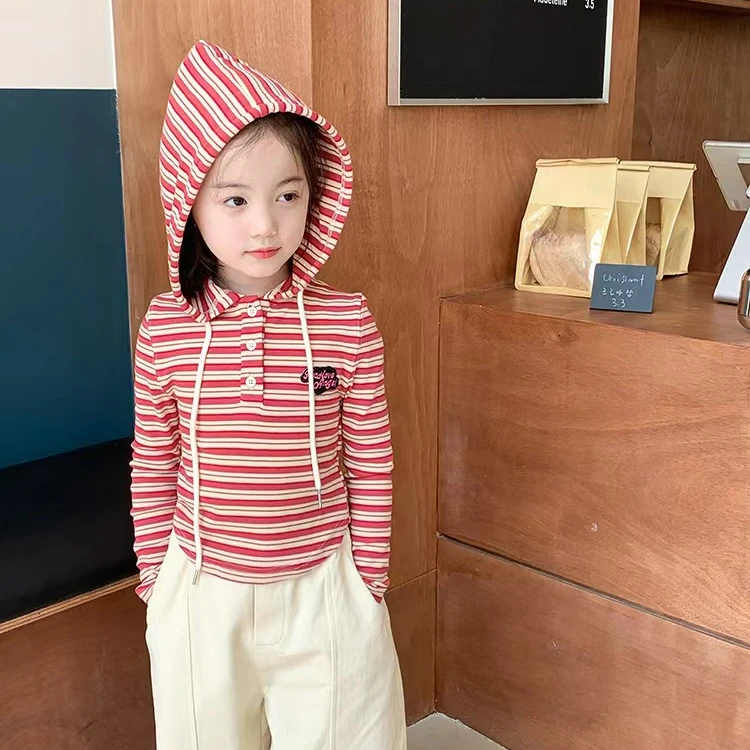 21017儿童上衣童装长袖洋气连帽韩版T恤宝宝条纹春秋连帽