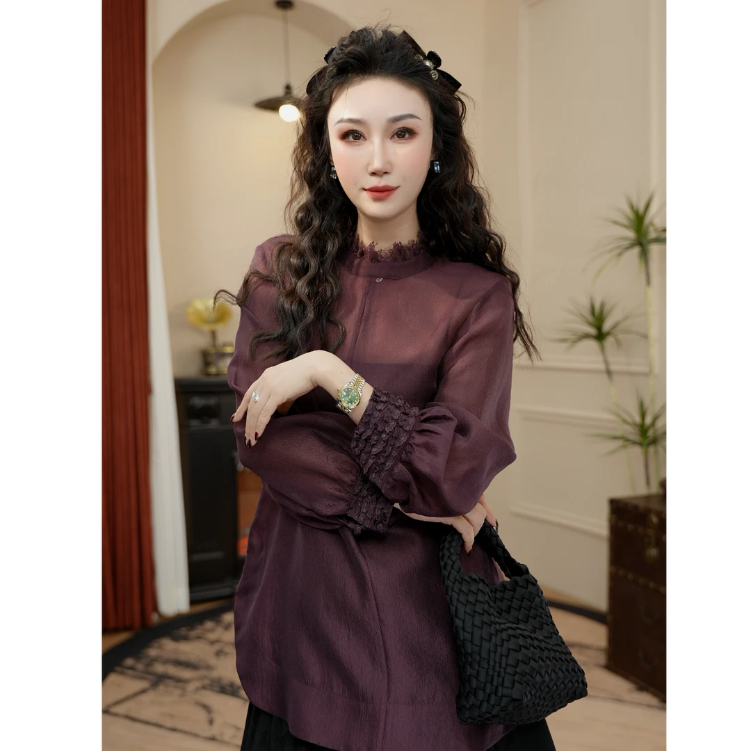 JR·雪姐·青山远黛-91129高级感显瘦蕾丝立领宽松长袖衬衫