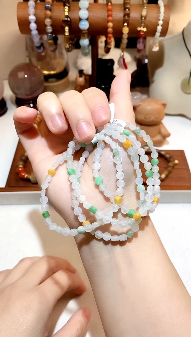 未镶嵌手链翡翠翡翠三彩扁圆珠手串 多样性发一