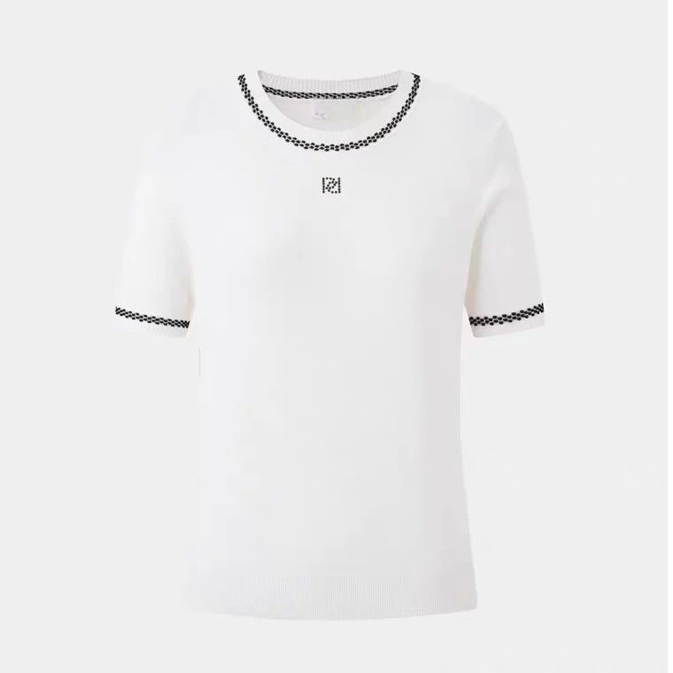 【宝】夏季新款简约针织提花撞色烫片短袖T恤上衣女-BZ706R