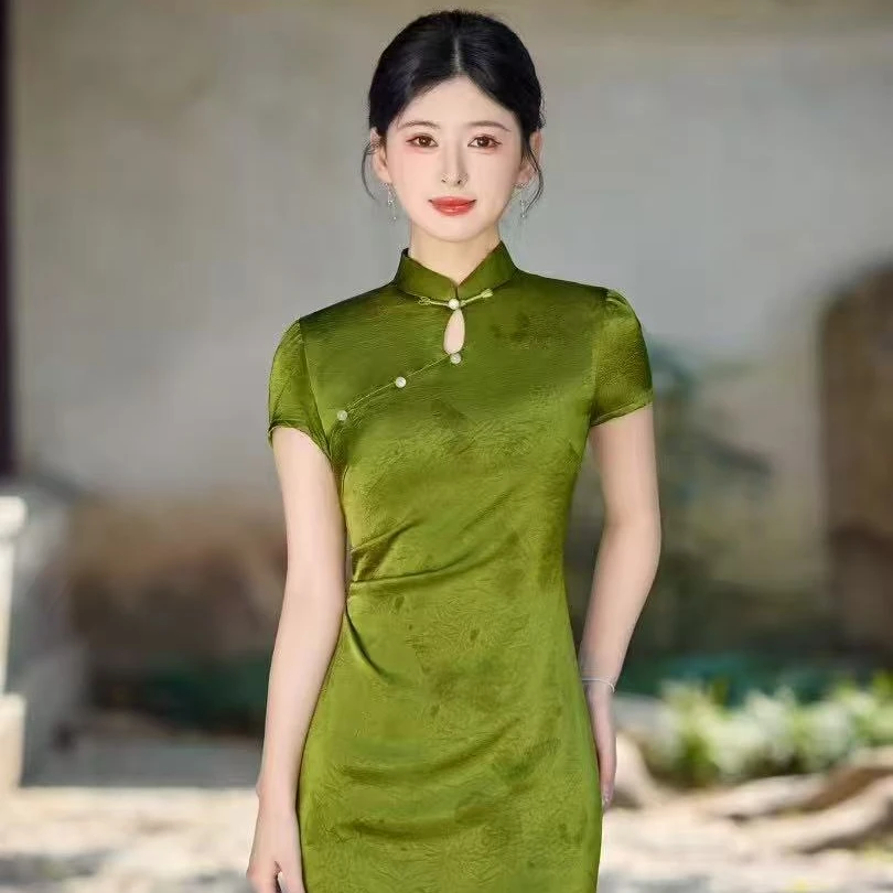 JQZ君新中式绿色提花旗袍连衣裙夏季女装日常可穿素雅气质修身