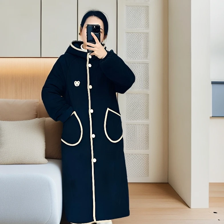 【连帽小熊】2024秋冬新款睡衣三层加绒加厚夹棉长款过膝外穿家居服