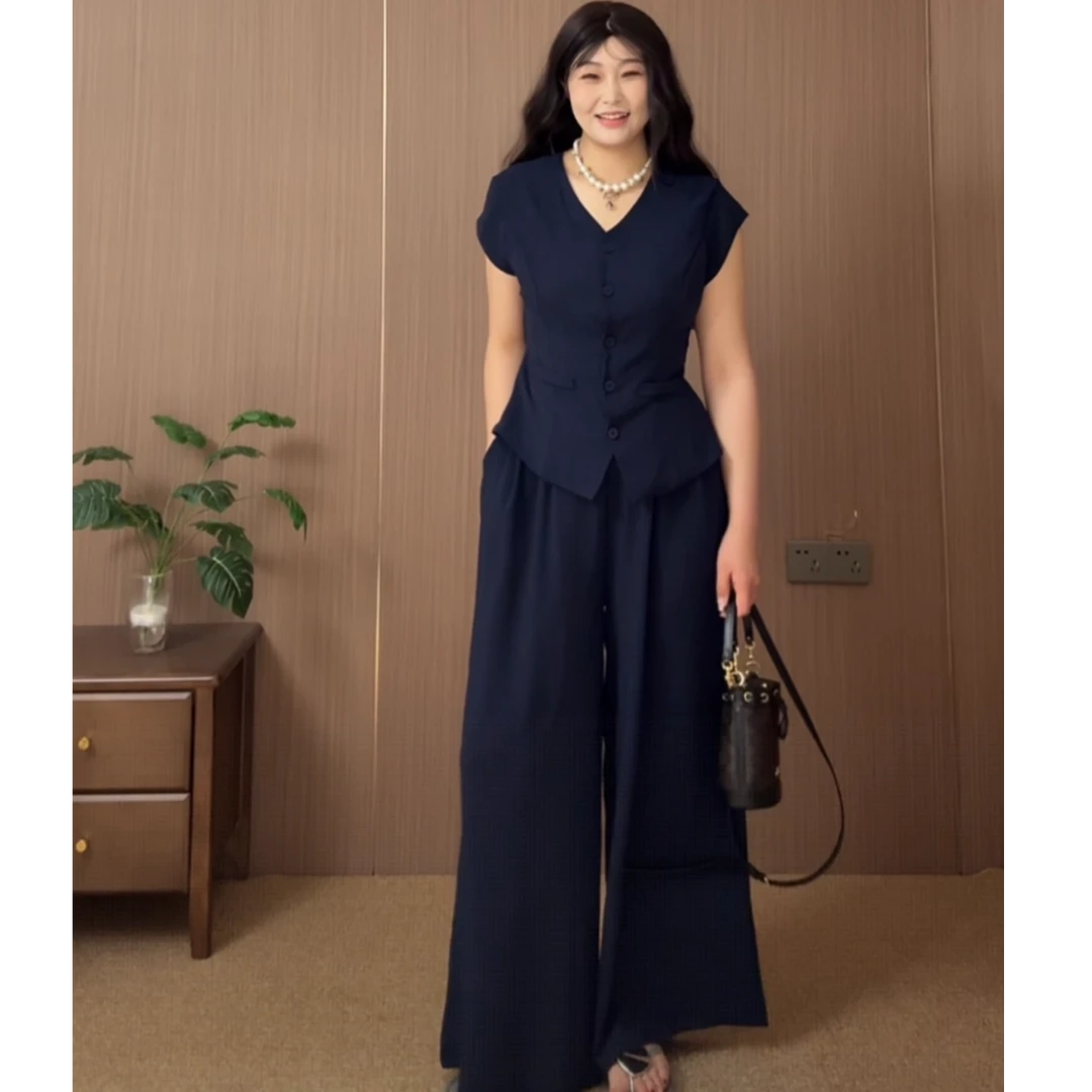 22687-C-韩版设计感两件套（后漏腰衫+阔腿裤）大码套装