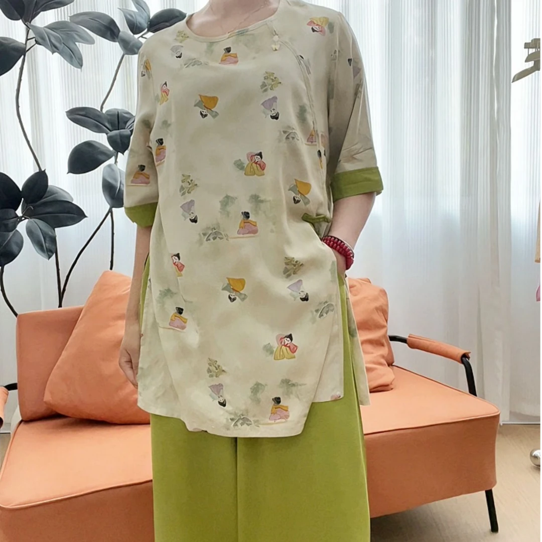 S夏季爆款国风绵绸【上衣】印花短袖薄款微胖遮肉圆领国风女装时尚