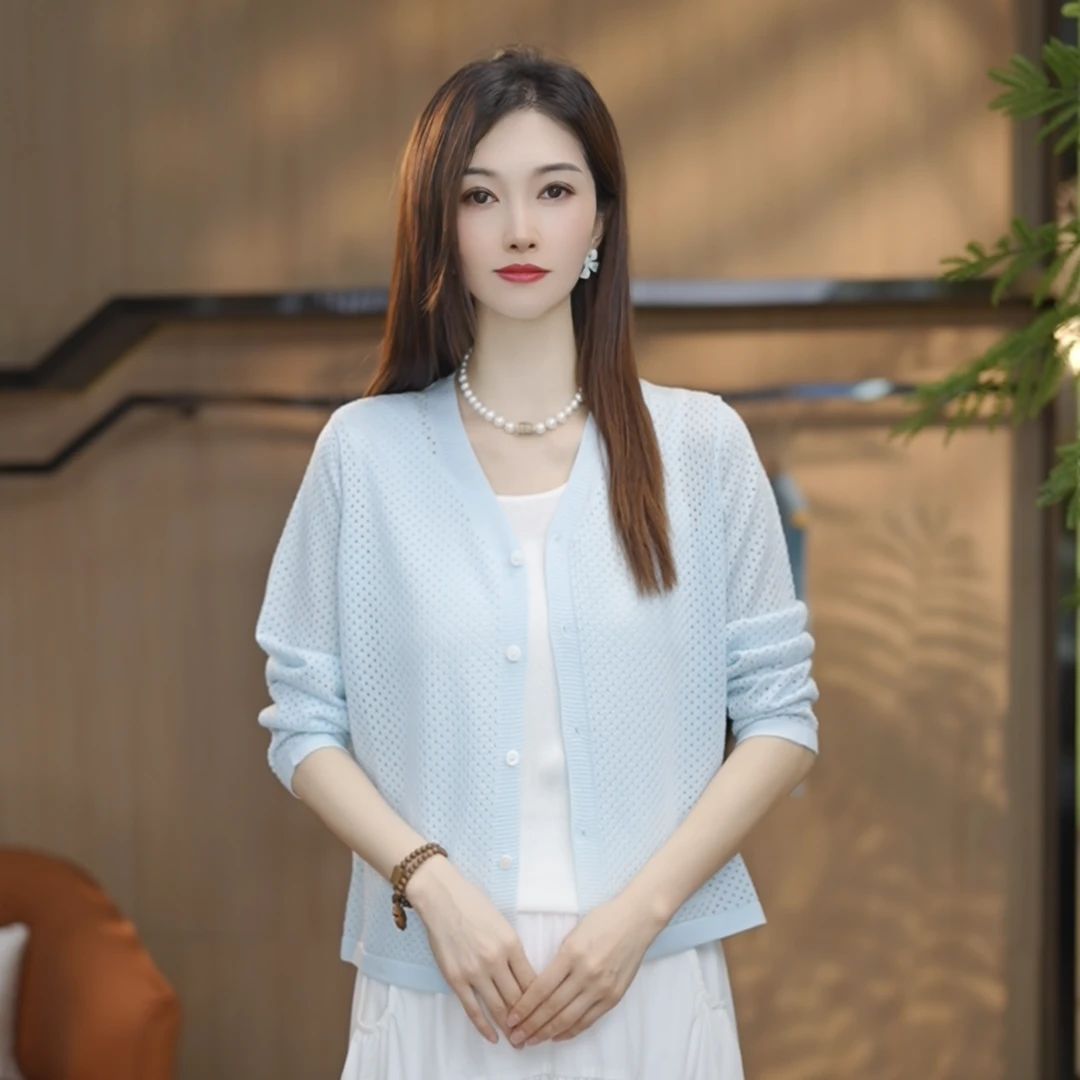 【林林定制】100%天丝冰爽时尚V领镂空空调防晒开衫女9150