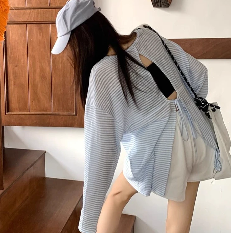 休闲慵懒风条纹露背薄款防晒罩衫长袖T恤女夏季新款百搭宽松上衣