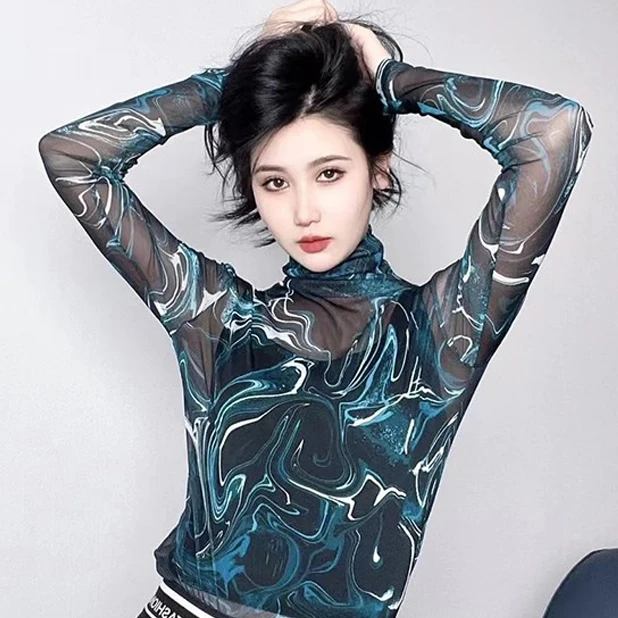 【【GIRID AMSS】女装年春秋季新品网纱高领打底衫印花撞色T恤长袖