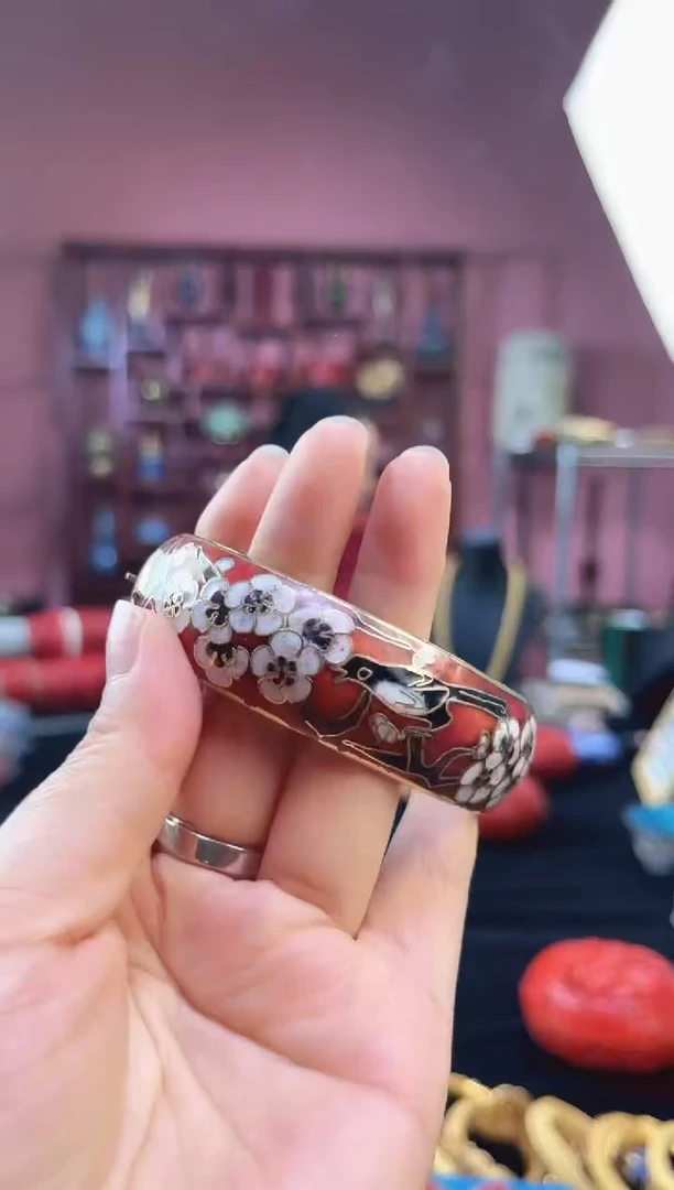 非遗技艺 景泰蓝手镯 开口红色