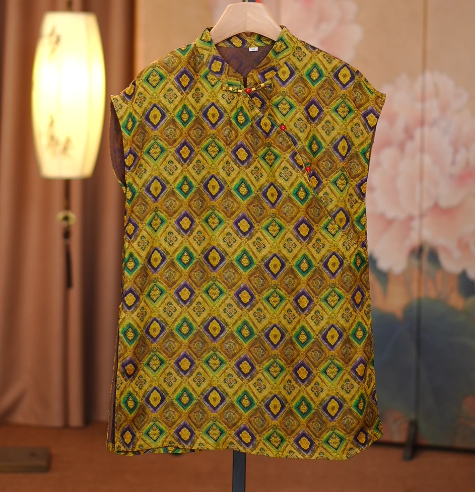 缃帛-新中式老钱风黄绿色菱形格子飞飞袖上衣