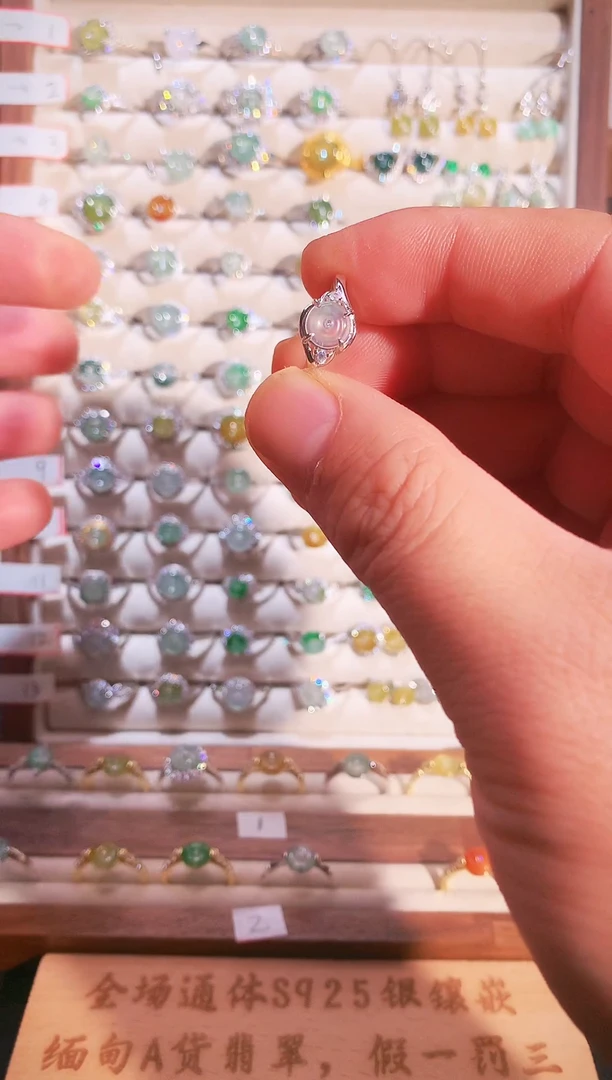 银S925镶嵌戒指翡翠S925银镶翡翠平安扣女饰品