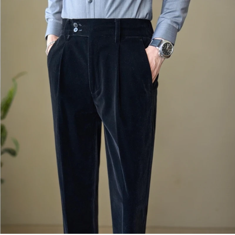 轻奢精致正装男士百搭西裤秋冬厚款修身保暖西装裤高腰双扣长裤子