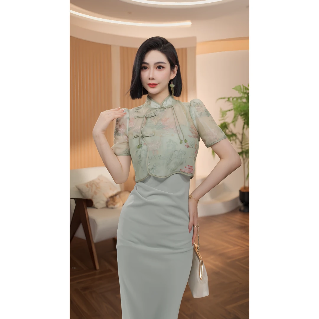 格娜新中式国风气质绿色吊带小众连衣裙春夏新款显瘦重工罩衫女装