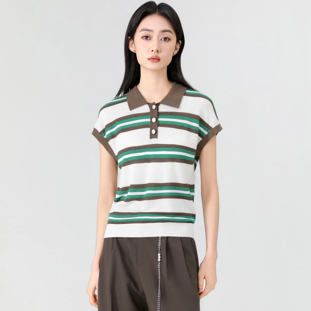 POLO领条纹撞色针织衫小个子宽松上衣162K1224
