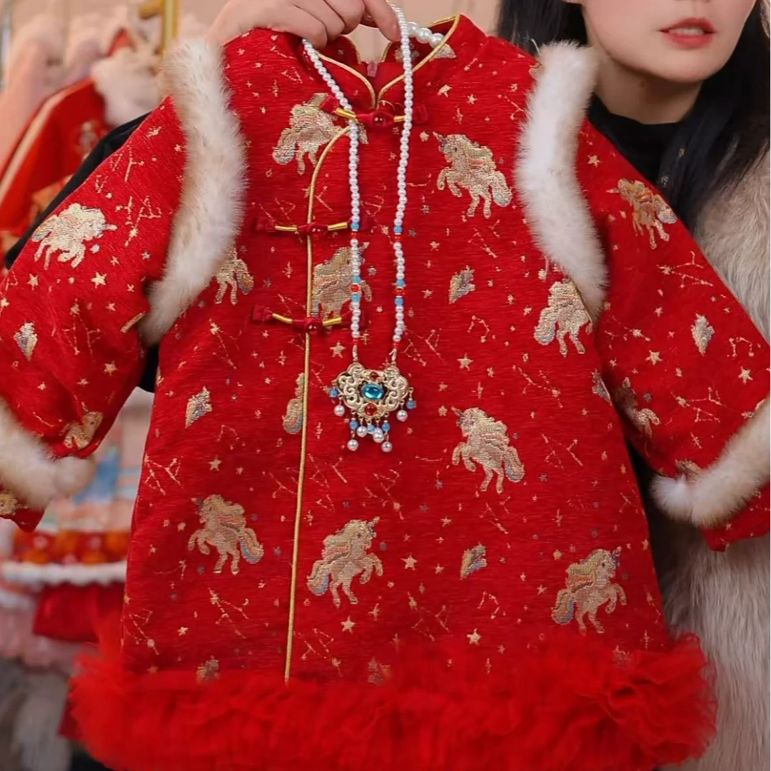 拜年服【金马送福-旗袍裙】冬款-女童长袖连衣裙