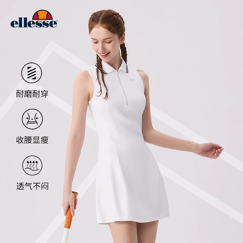 Ellesse网球运动连衣裙POLO领条纹翻领半拉链新款女士连衣裙