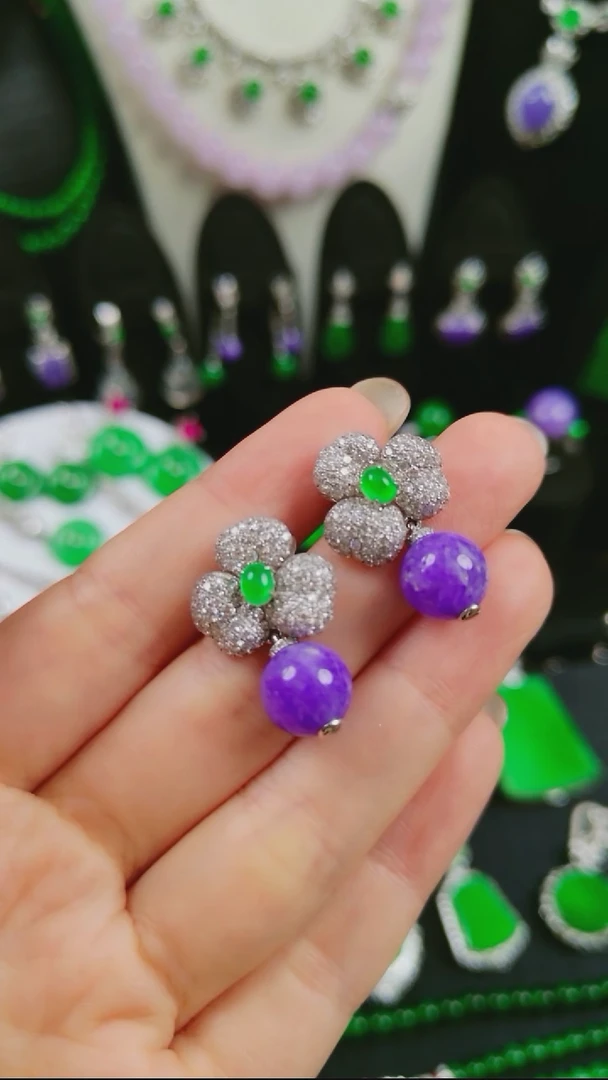 吊坠(不含链)18K金镶嵌翡翠珠珠耳坠