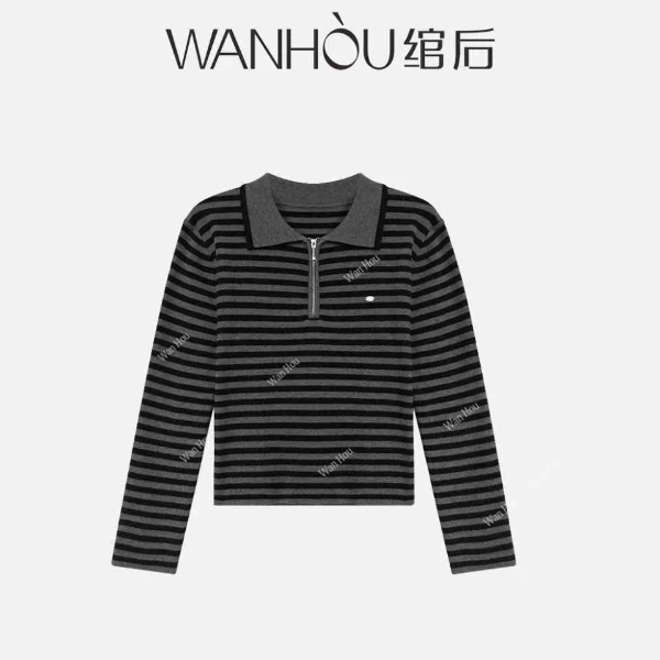 【C3487】绾后-设计师条纹百搭针织衫半开链长袖女装SS
