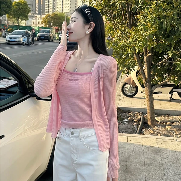 小香风2025夏装新款撞色字母刺绣吊带针织女修身薄款防晒两件套装