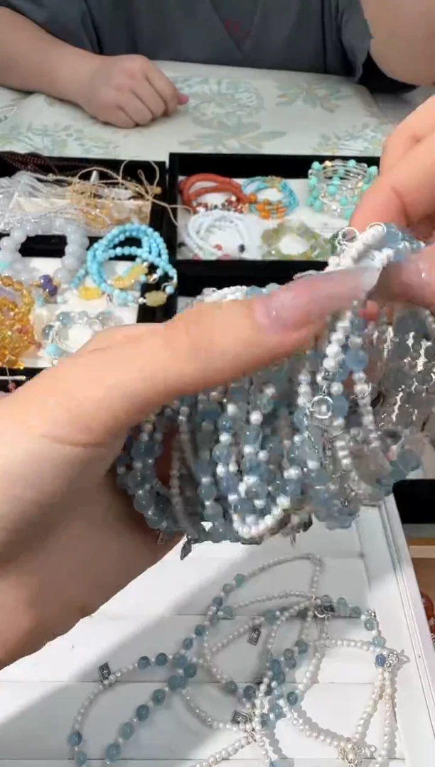 水晶手链银S925镶嵌M002珍朱海蓝设计款