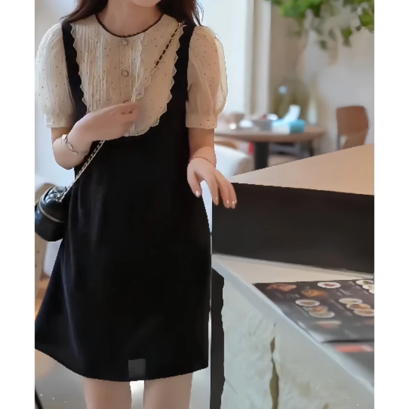夏季大码胖MM甜美减龄裙子气质蕾丝拼接假两件黑色显瘦拼接连衣裙