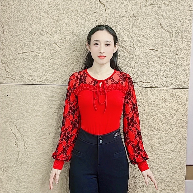 欢舞阁吉特巴摩登交谊舞气质圆领镂空绑带长袖广场舞女服A0808