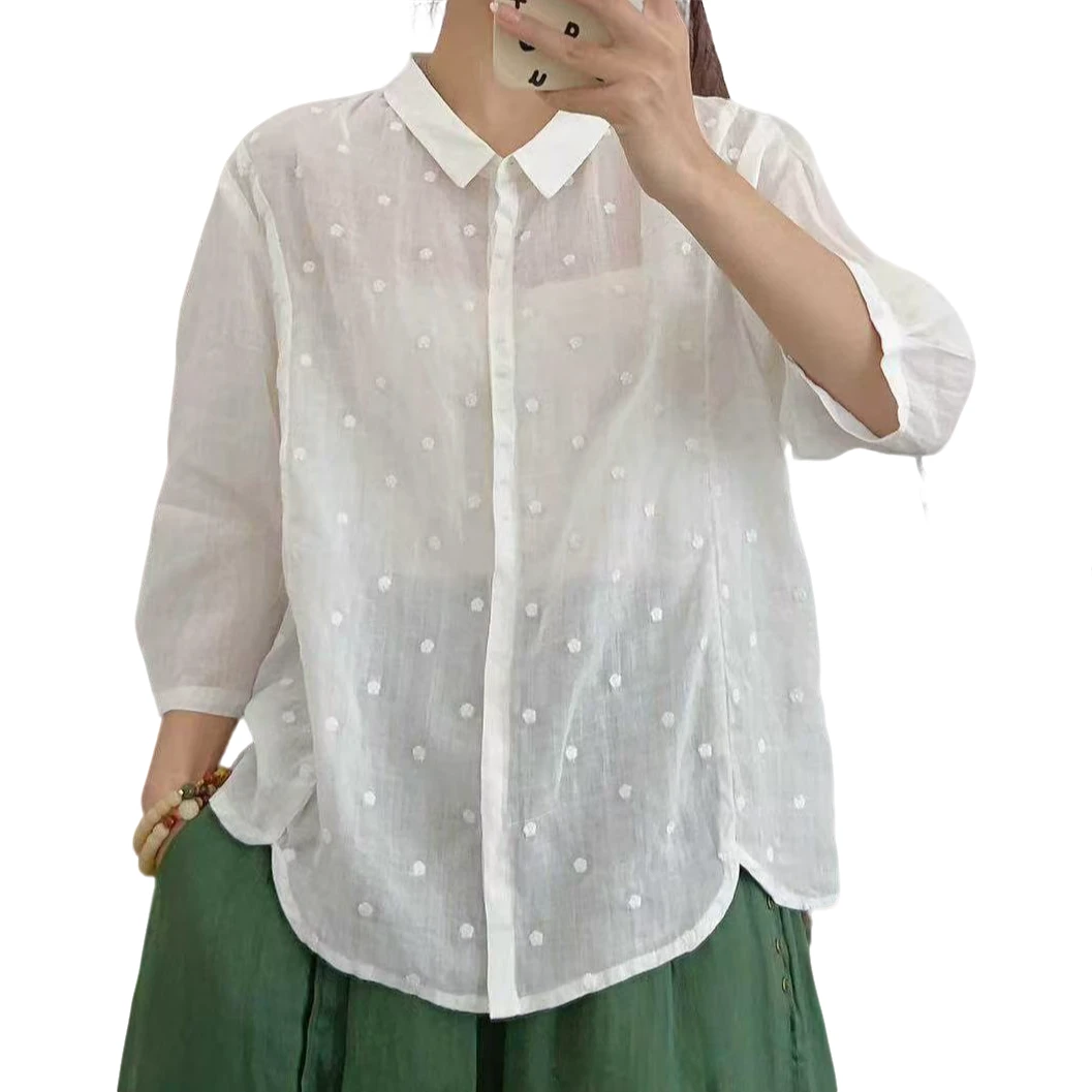 『在线』WY8503均码点点花苎麻中袖衬衫