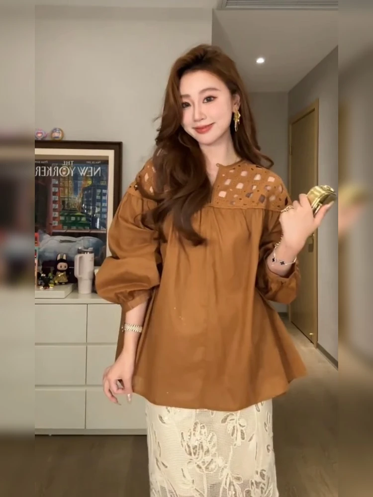 早秋糖炒栗子棕色长袖法式衬衫独特漂亮超好看上衣女韩里韩气小衫