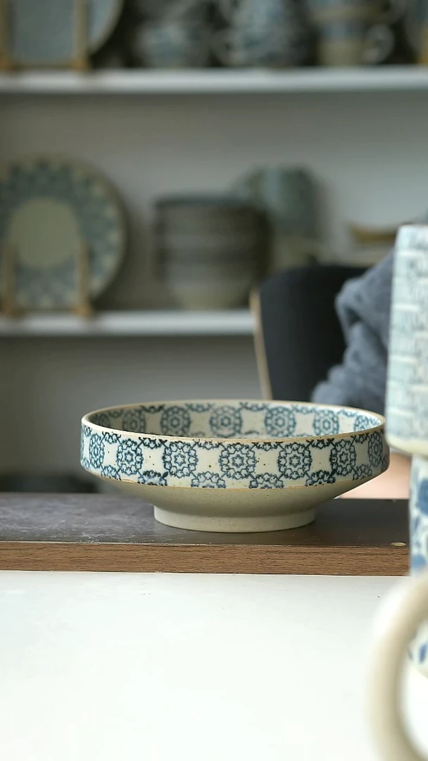 陶瓷粗陶手绘绣球高足盘17cm@4-2@