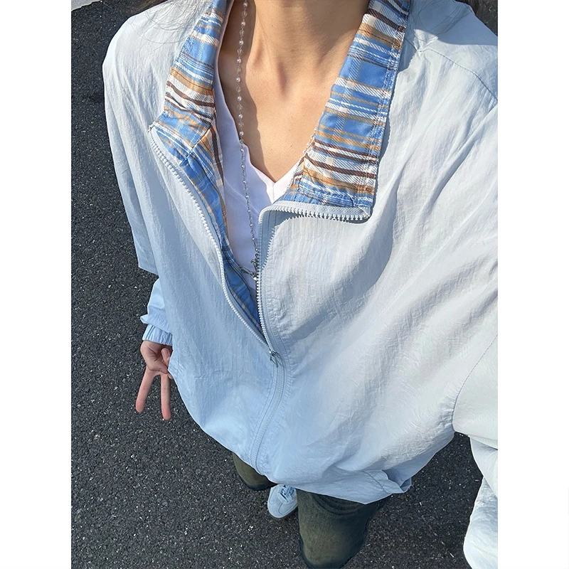 fitcheck格子拼接防晒夹克男女夏季凉感户外旅行美式翻领情侣外套