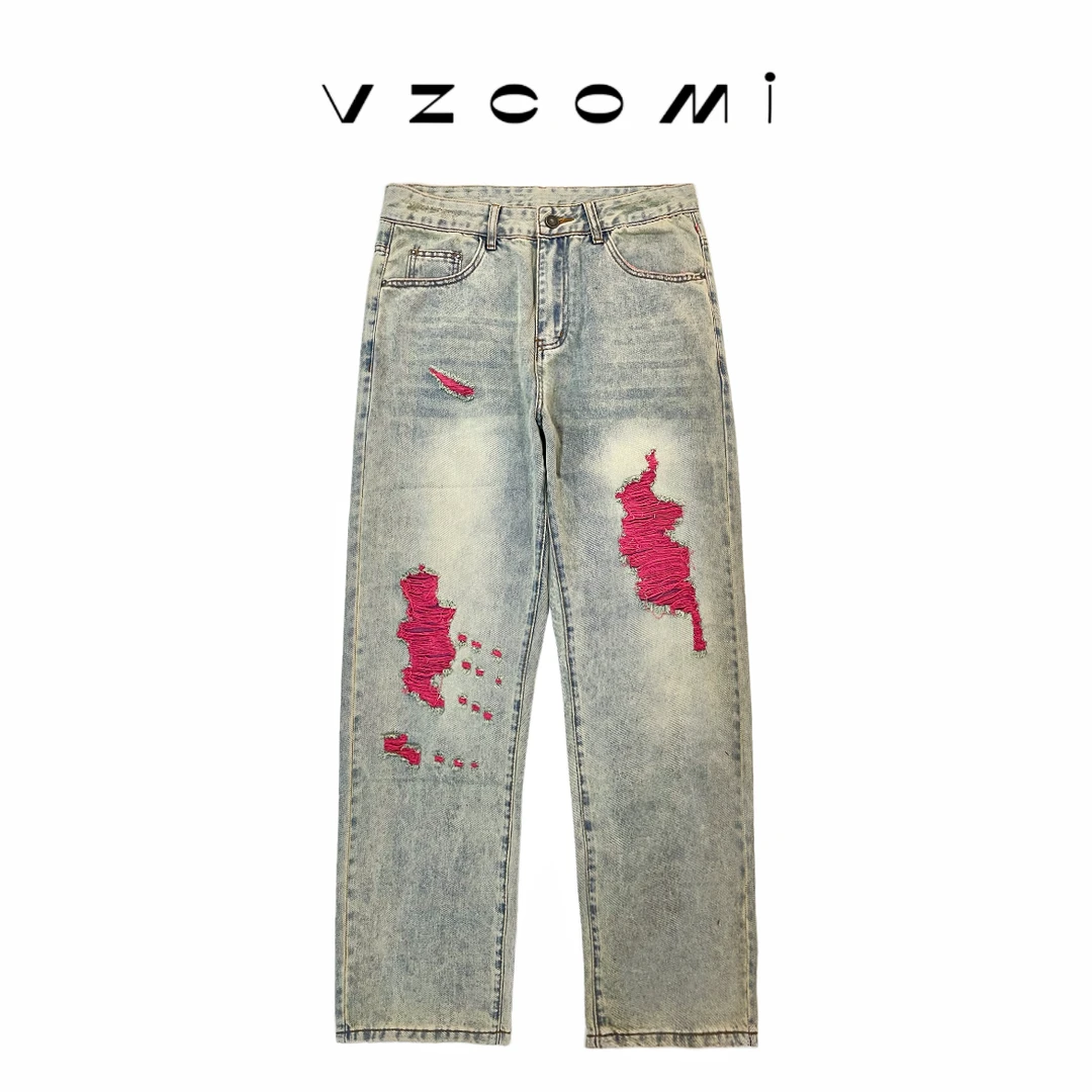 高端美式巴黎风闪电牛仔裤闪电破洞潮流牛仔裤牛仔裤男直筒宽松