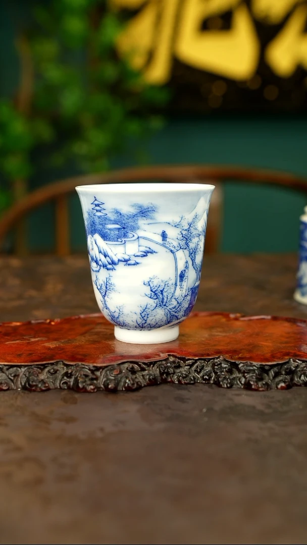 s****t画堂春青花手绘雪景山水主人杯