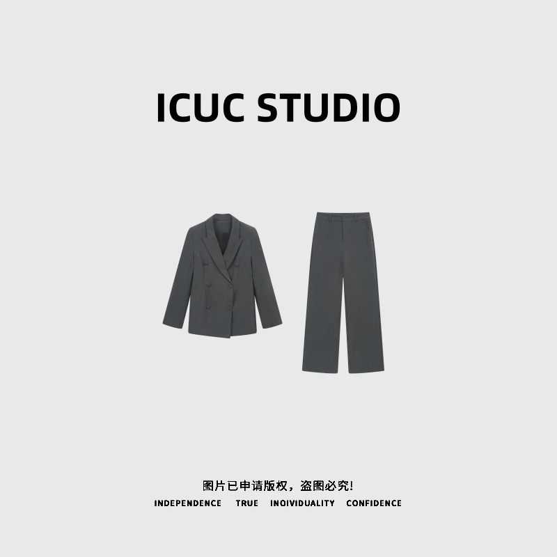 ICUC STUDIO-【C位双排扣西装外套裤套装】新款韩国两件套989