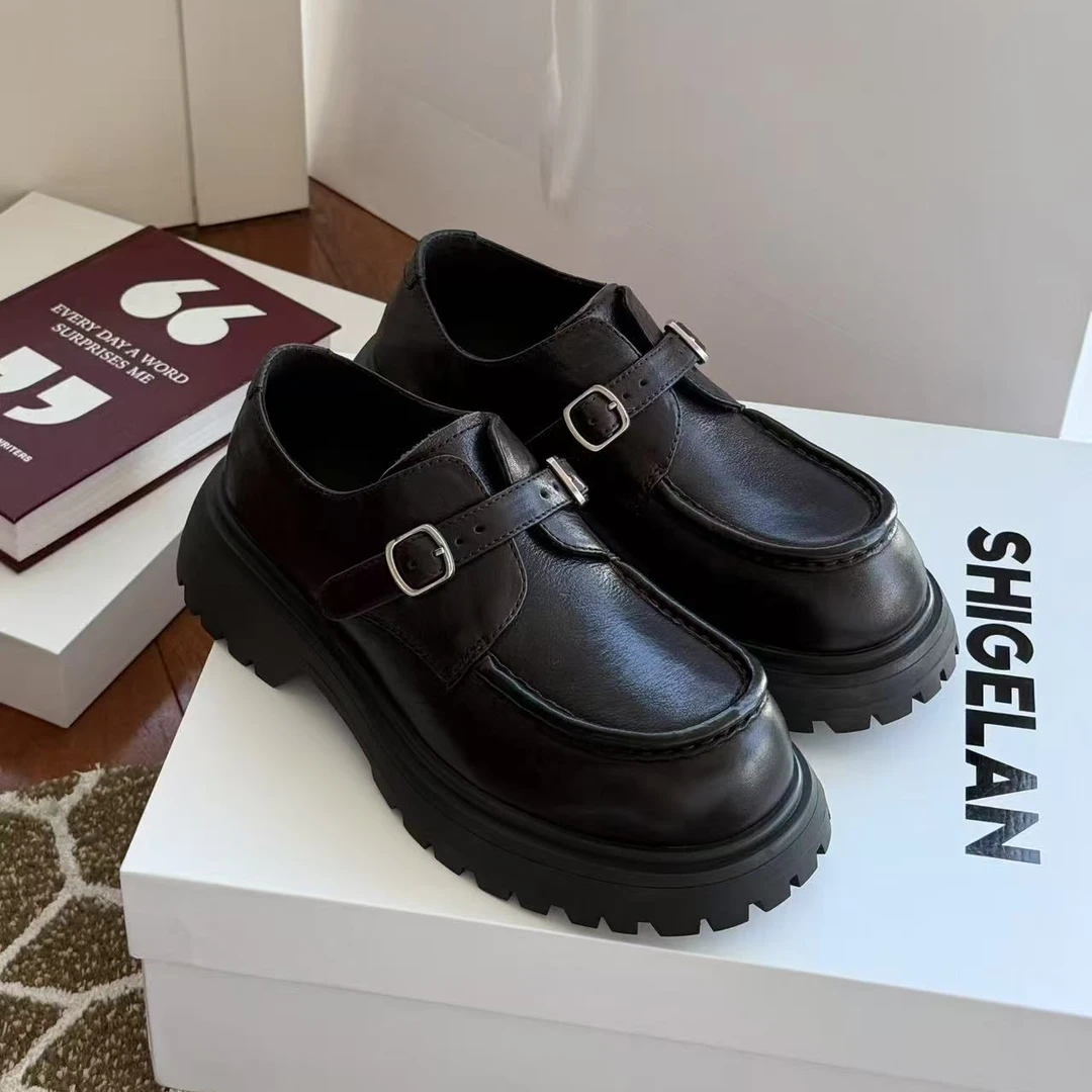 诗歌兰时尚学院风魔术贴乐福鞋女士厚款复古百搭松糕跟春季